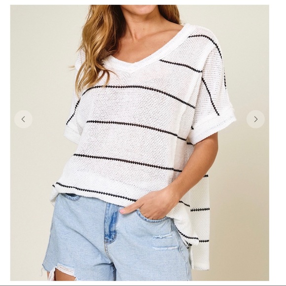 ROUND NECK Lily chic 3/4 sleeves Striped Knit sweater Top - Picture 5 of 6